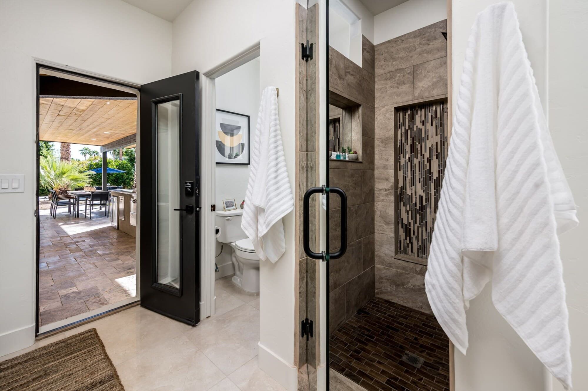 Designer bathroom with walk-in shower