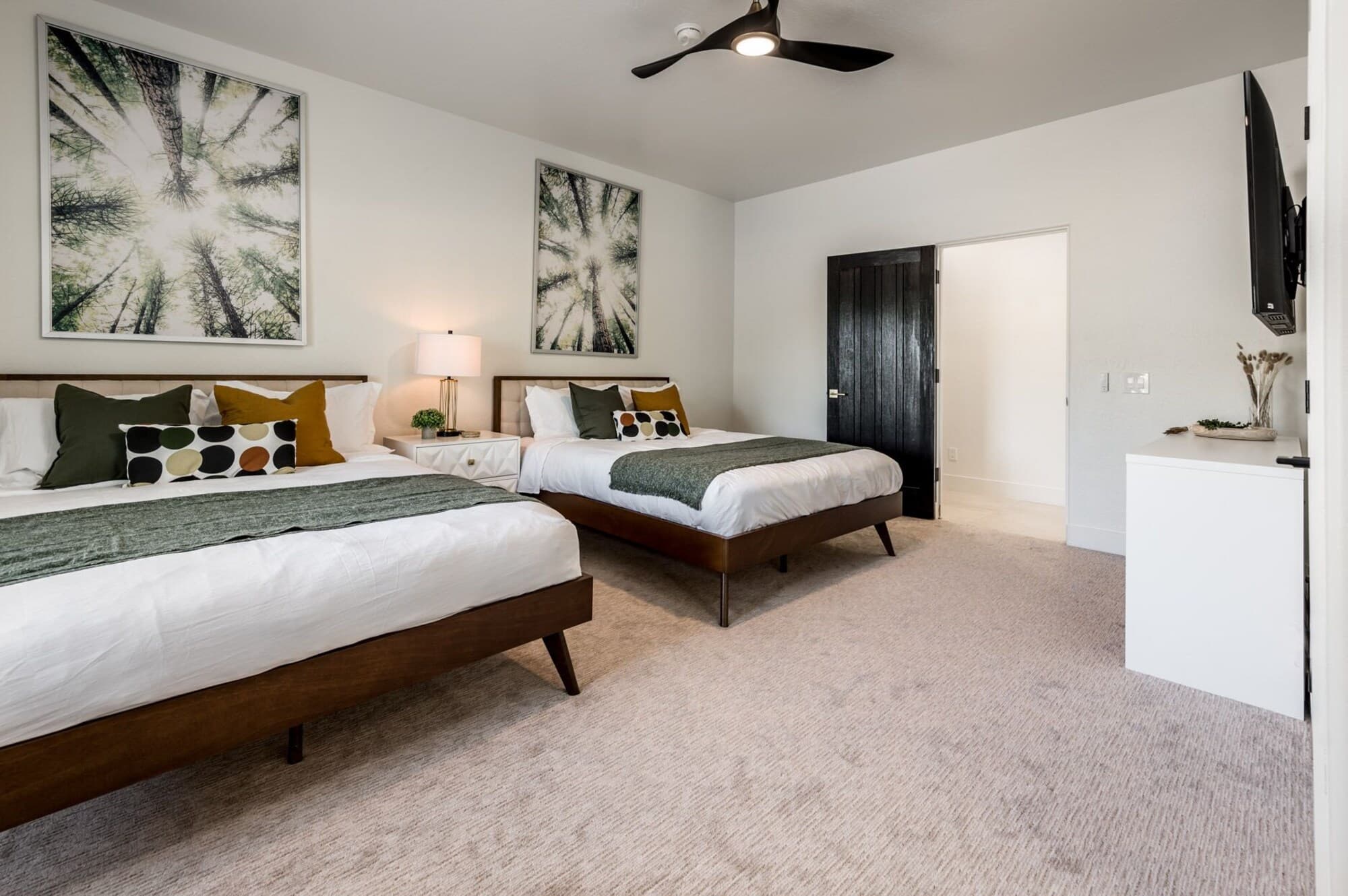 Bedroom with mountain and yard views