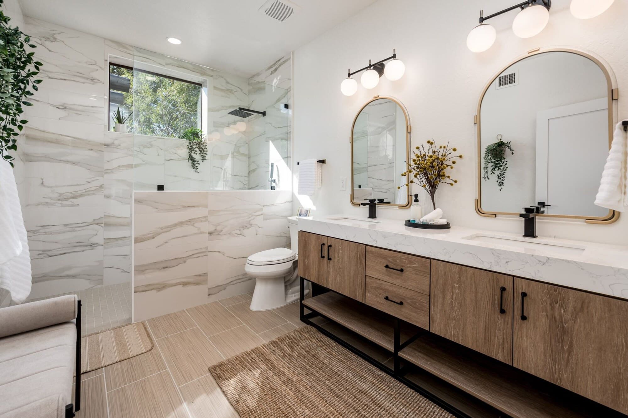 Marble and wood-tile bathroom
