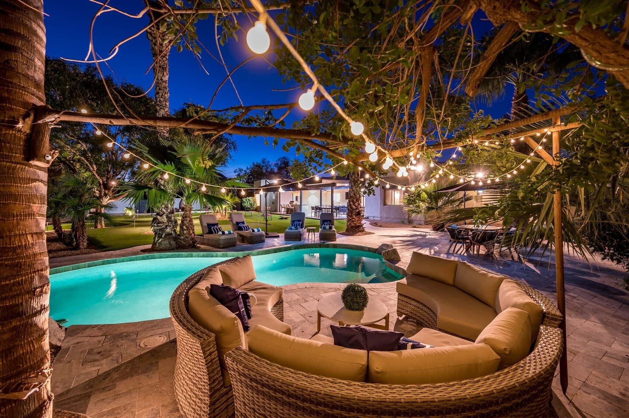 Evening glow over the resort pool and covered patio